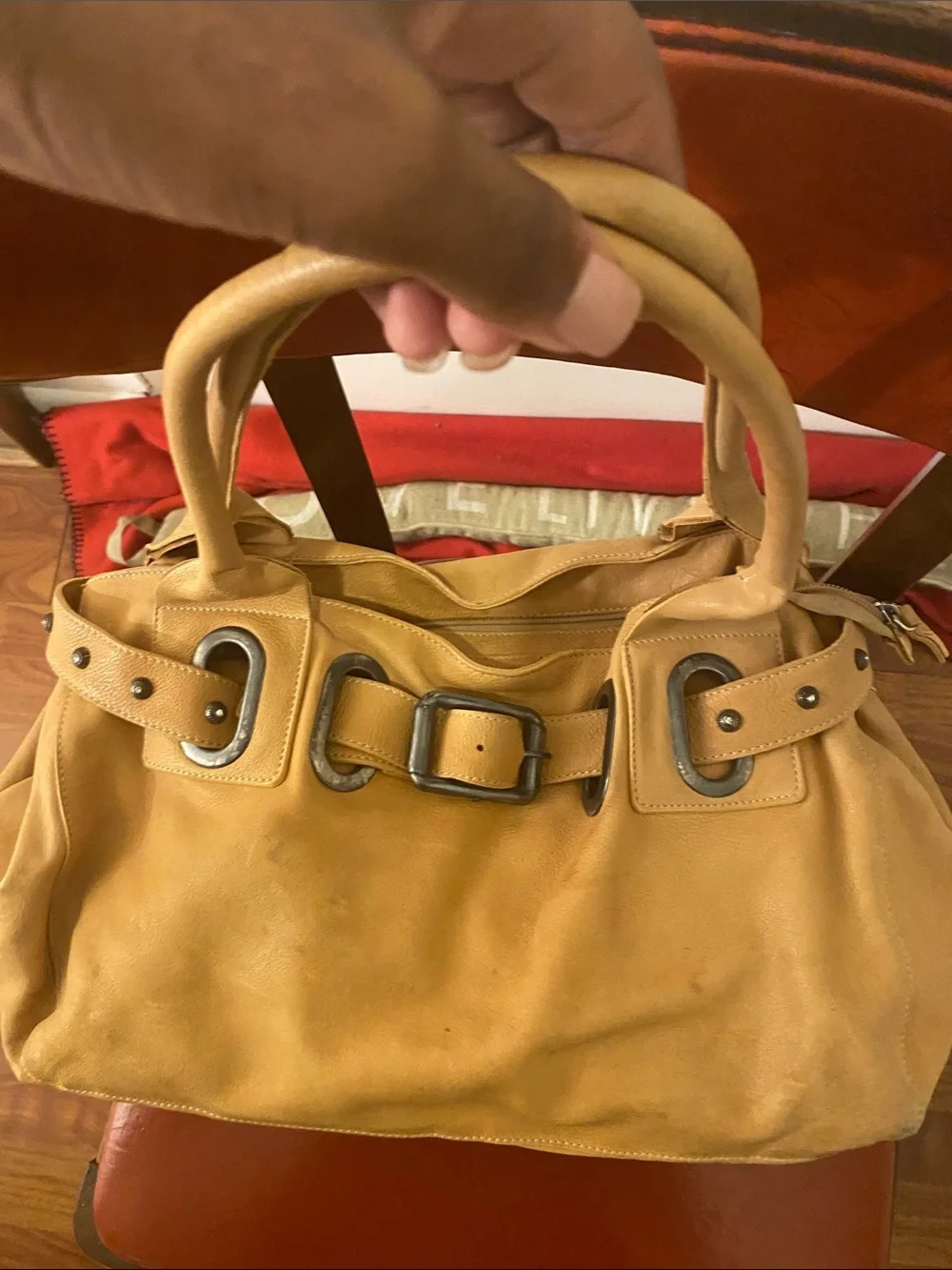 Leather Satchel Handbag in Mustard Yellow - Unbranded